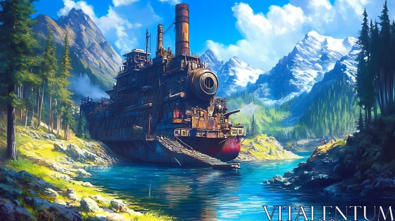 Mountain Lake with Steam-Powered Ship AI Image