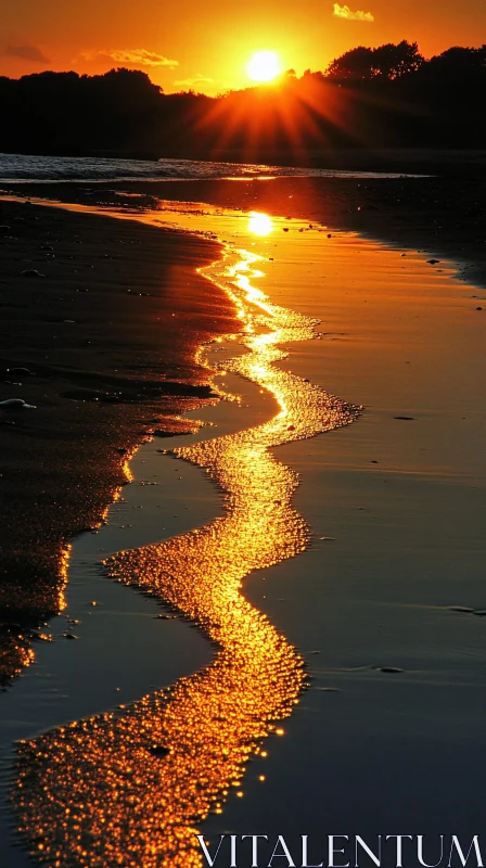 AI ART Golden Sunset Beach Reflection