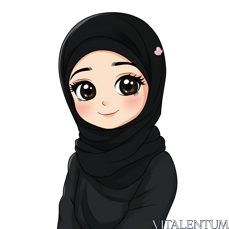 Cute Anime Girl in Black Hijab Illustration AI Image