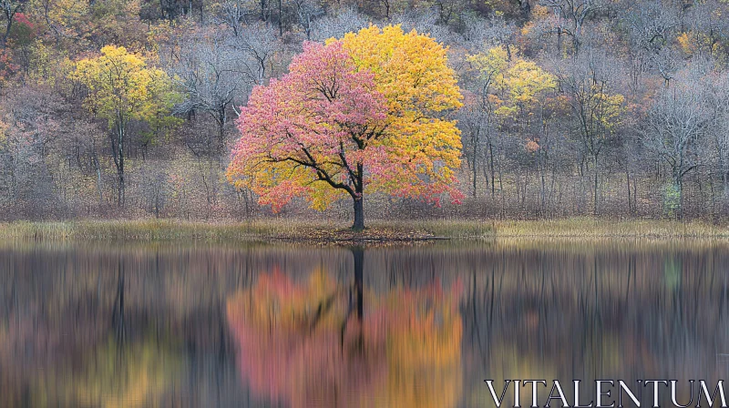 Solitary Tree in Vibrant Autumn Colors AI Image