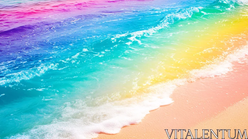 AI ART Multicolored Ocean Waves Against Sandy Beach