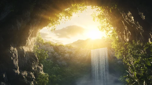 Tranquil Cave Scene with Waterfall and Sunlight