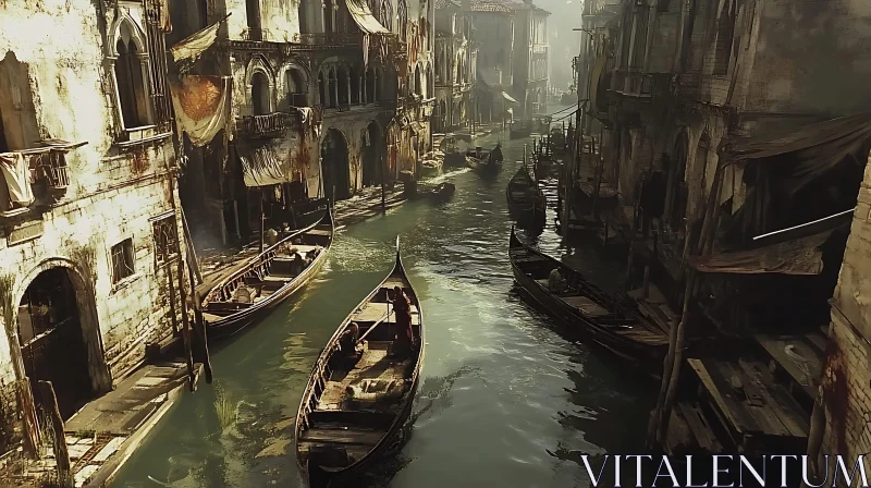 AI ART Venetian Canal Scene with Gondolas