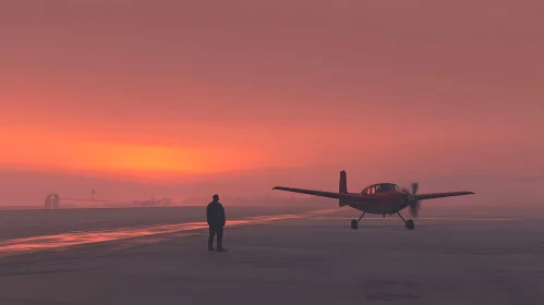 Person and Plane at Sunset on Runway