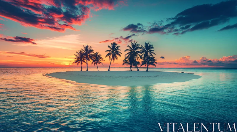 Tropical Island Sunset with Palm Trees and Sandy Beach AI Image