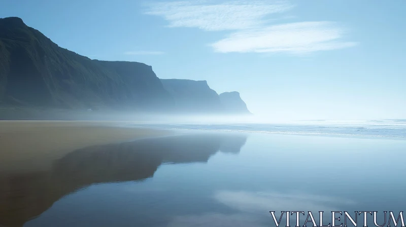 Serene Coastal Scene with Mist and Reflections