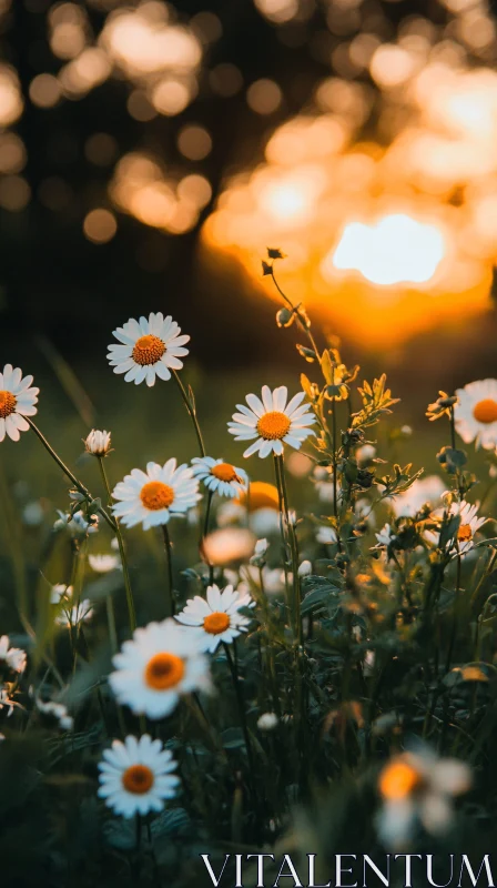 Sunset Over a Daisy Field
