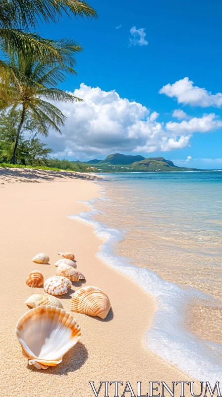 AI ART Scenic Tropical Beach with Palms and Seashells