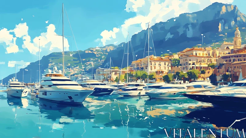 Charming Harbor Scene with Yachts and Mountains AI Image