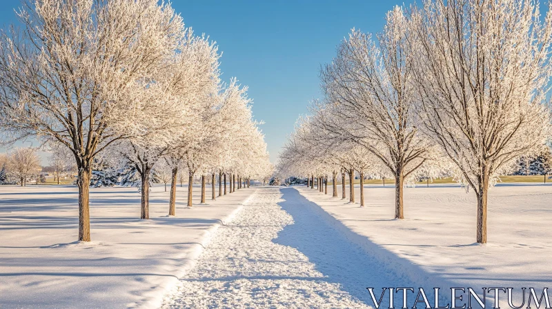 AI ART Snowy Path Through Frost-Covered Trees in Winter