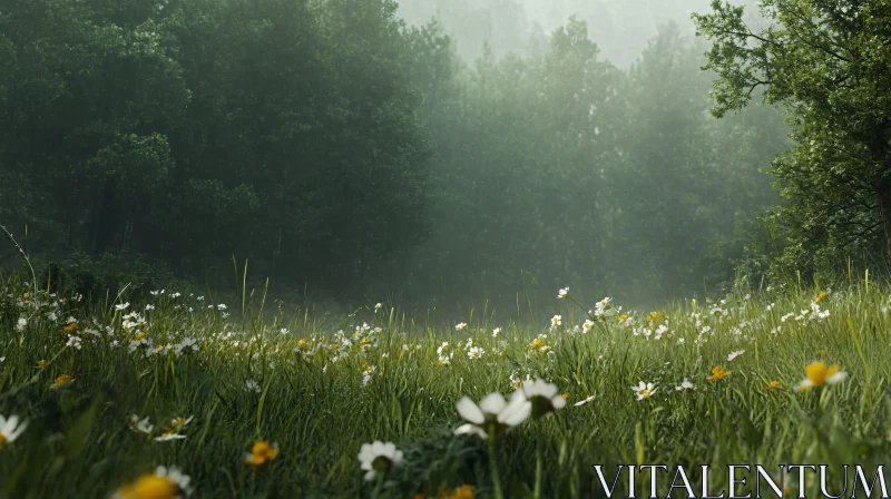 Tranquil Meadowscape with Misty Forest