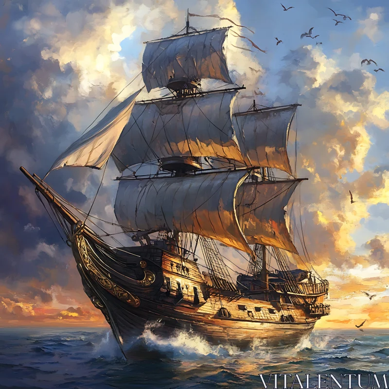 AI ART Elegant Wooden Ship in Twilight Ocean