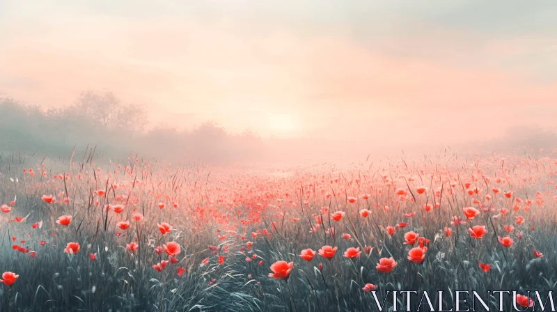 Morning Glow Over a Poppy Meadow AI Image