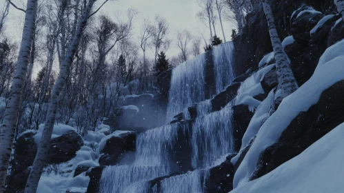 Cascading Winter Waterfall in Snowy Forest