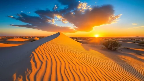 Golden Hour in the Desert with Dunes and Clouds