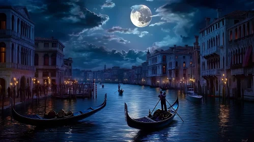 Venice Night Gondolas Under Moonlight