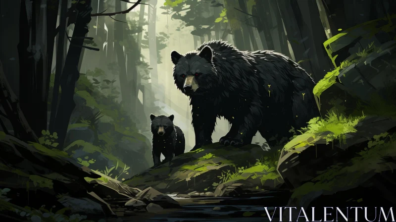Conceptual Forest Art Featuring Bears with Intense Shadows AI Image