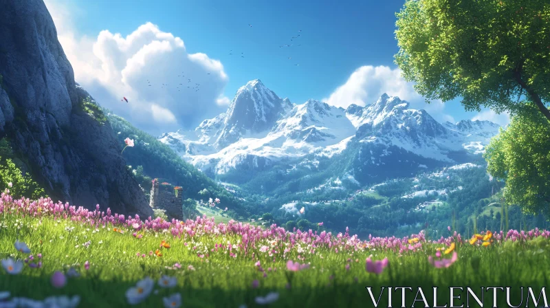 AI ART Enchanting Alpine Meadow with Snowy Mountains