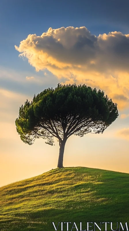 AI ART Solitary Tree on Sunlit Hilltop