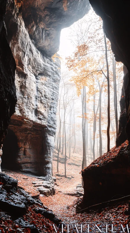 AI ART Autumn Leaves and Misty Trees Seen from a Cave