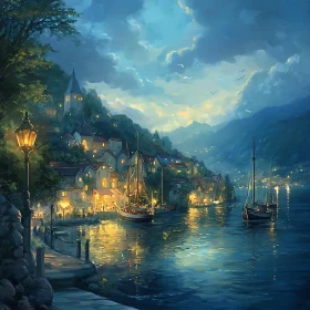 Tranquil Nighttime Harbor Village