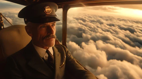 Pilot in Antique Aircraft Over Cloudscape