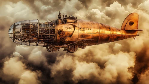 Mechanical Golden Airship in Clouds