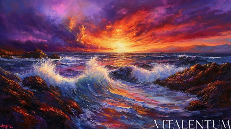 AI ART Sunset Over Ocean Waves Painting