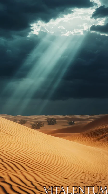 Desert Sand Dunes with Sunlight Streaming AI Image