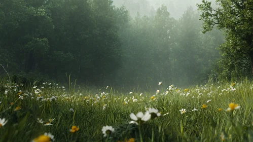 Tranquil Meadowscape with Misty Forest