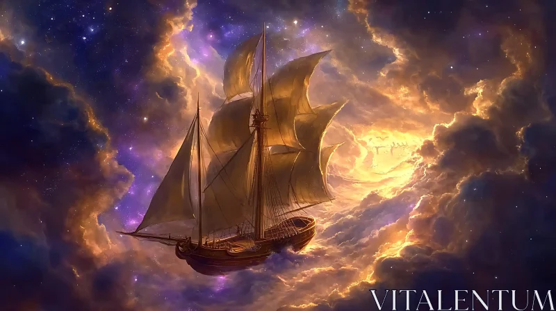 Fantasy Cloud-Sailing Ship Artwork AI Image