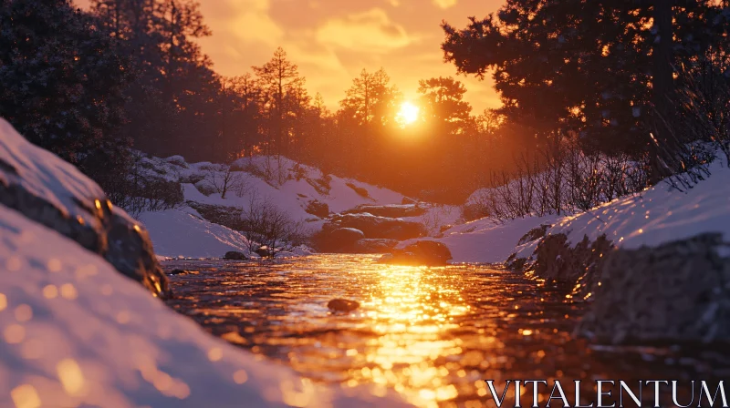 Golden Hour River Flow in Winter AI Image