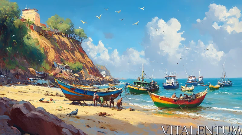 Scenic Seaside with Vibrant Fishing Boats AI Image