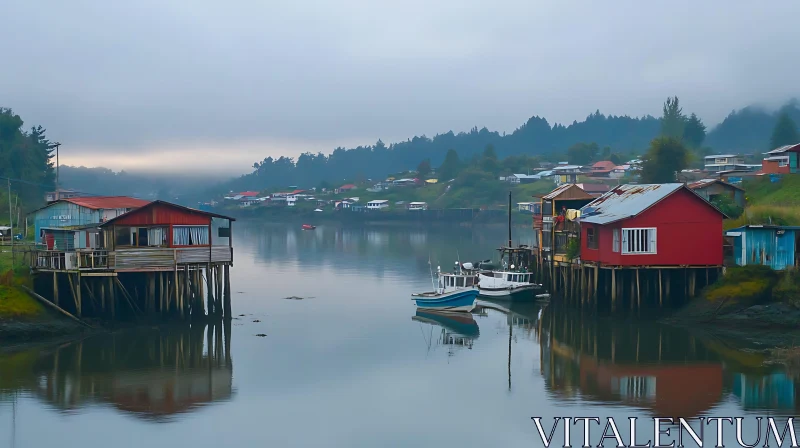 AI ART Tranquil Lakeside Homes and Boats at Dawn