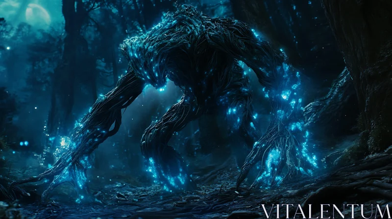 Mystical Forest Entity with Glowing Blue Lights AI Image