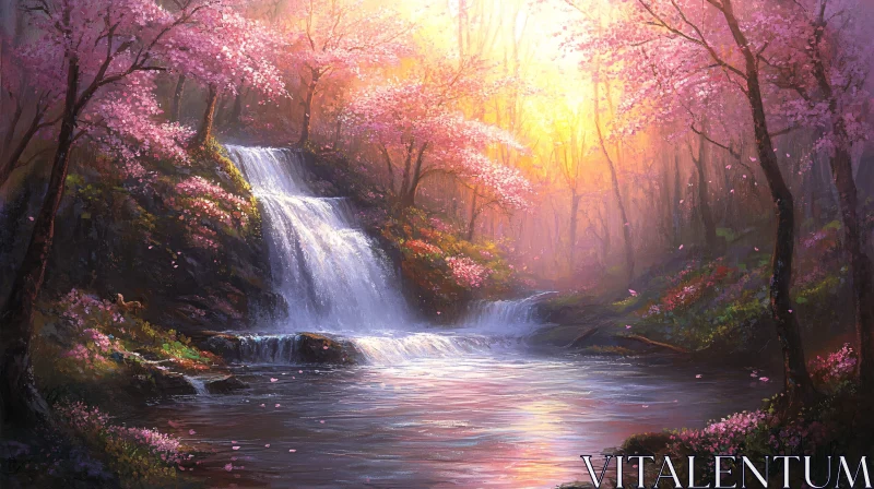 AI ART Tranquil Waterfall Amidst Spring Blossoms