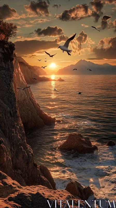 Golden Sunset Among the Cliffs and Sea AI Image