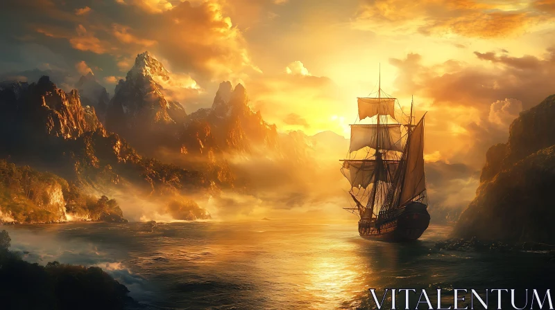 Iconic Sailing Vessel under Golden Sky AI Image