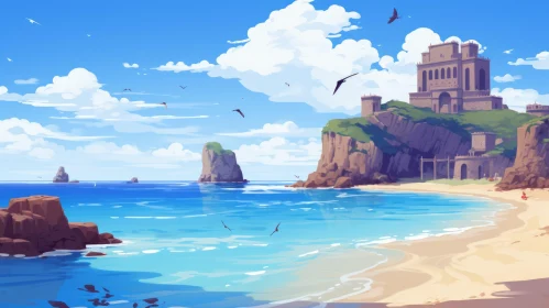 Serene Beach Castle Artwork in Anime Style