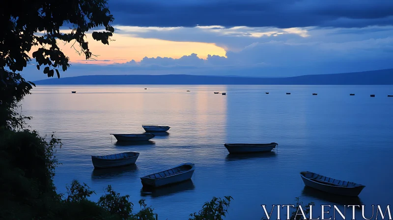 Peaceful Lakeside Scene with Boats AI Image