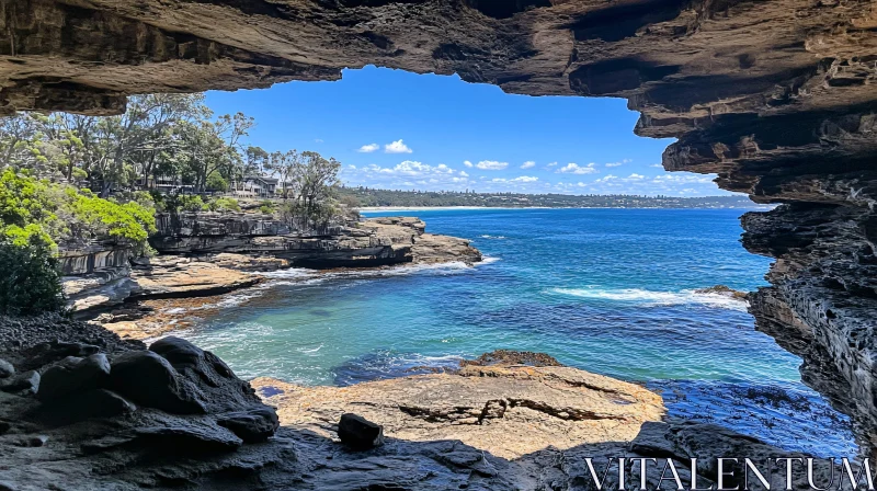 AI ART Serene Coastline from Rocky Cave