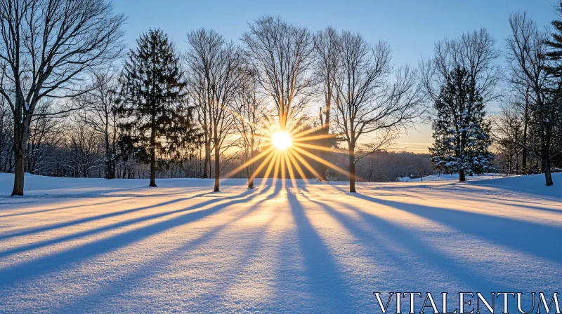 AI ART Winter Morning Sunburst in a Snowy Forest