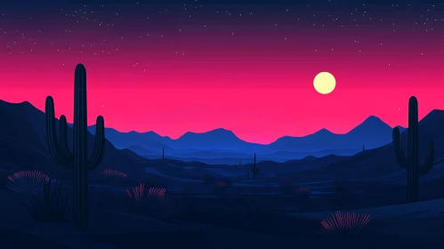 Peaceful Desert Night Scene with Cacti and Moon