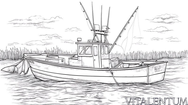 Sketch of a Fishing Boat in Serene Waters AI Image