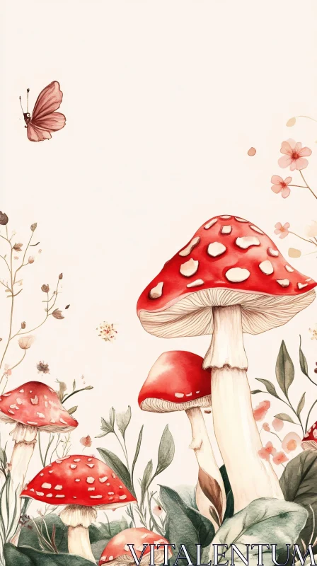 Tranquil Nature with Mushrooms and Butterfly AI Image