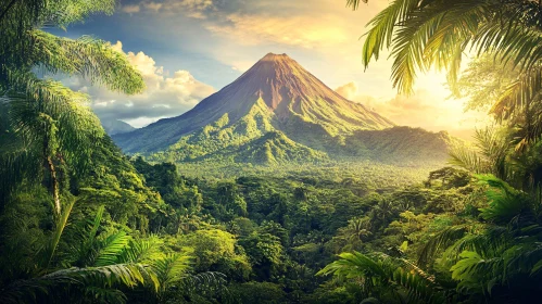 Sunlit Tropical Mountain and Forest Scene