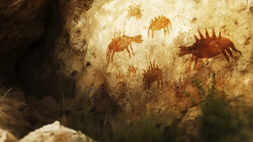 Prehistoric Rock Art with Spiked Creatures