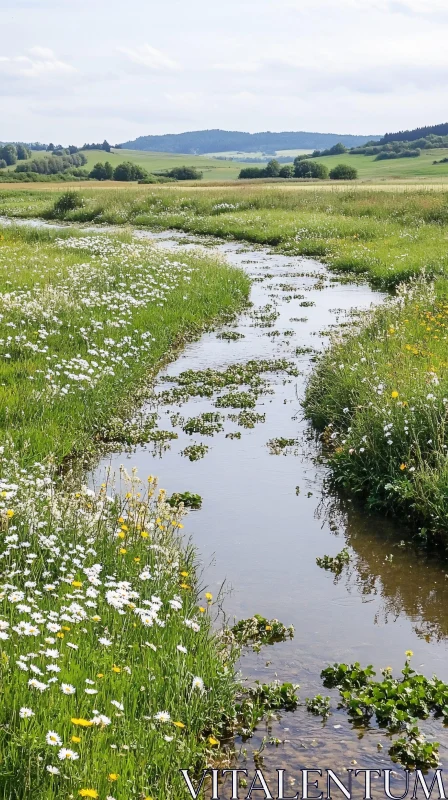 AI ART Peaceful Flowing River Amidst Wildflowers and Greenery