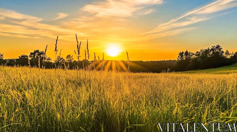 Golden Sunlight Over Grassy Field at Sunset AI Image