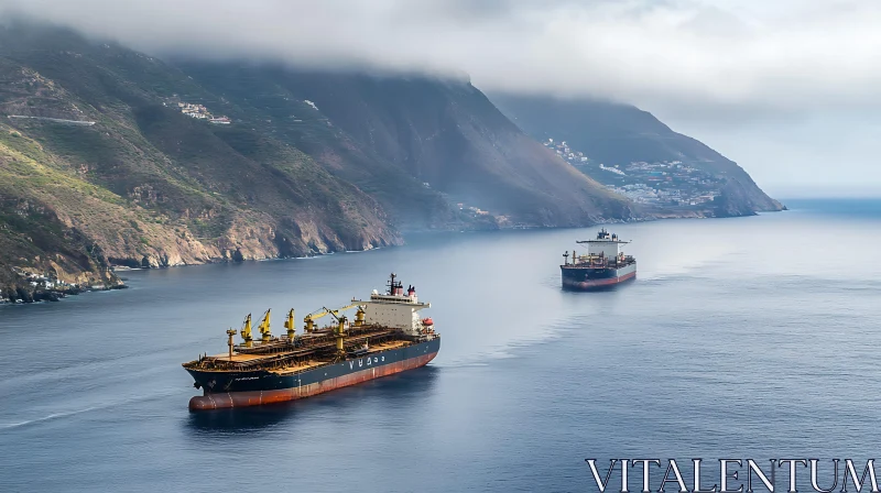 Cargo Ships Navigating Tranquil Coastal Waters AI Image